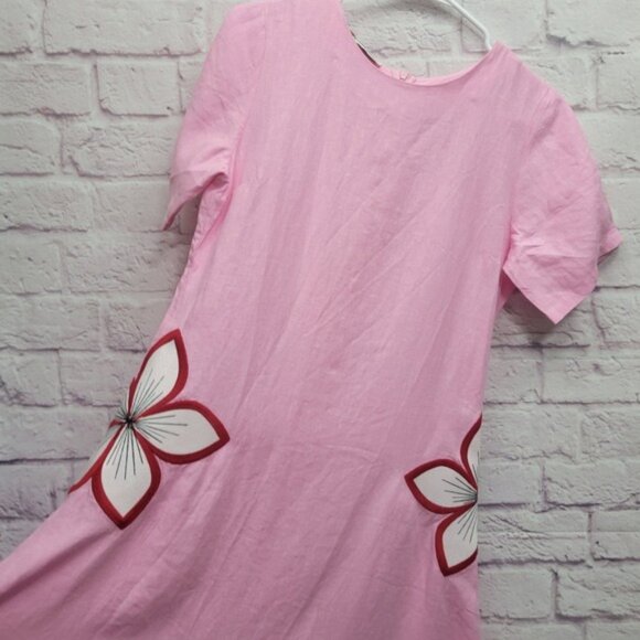 Fanm Mon Pink 100% Linen Dress Size S Short Sleeve Embroidered Floral Cottage - Picture 4 of 9